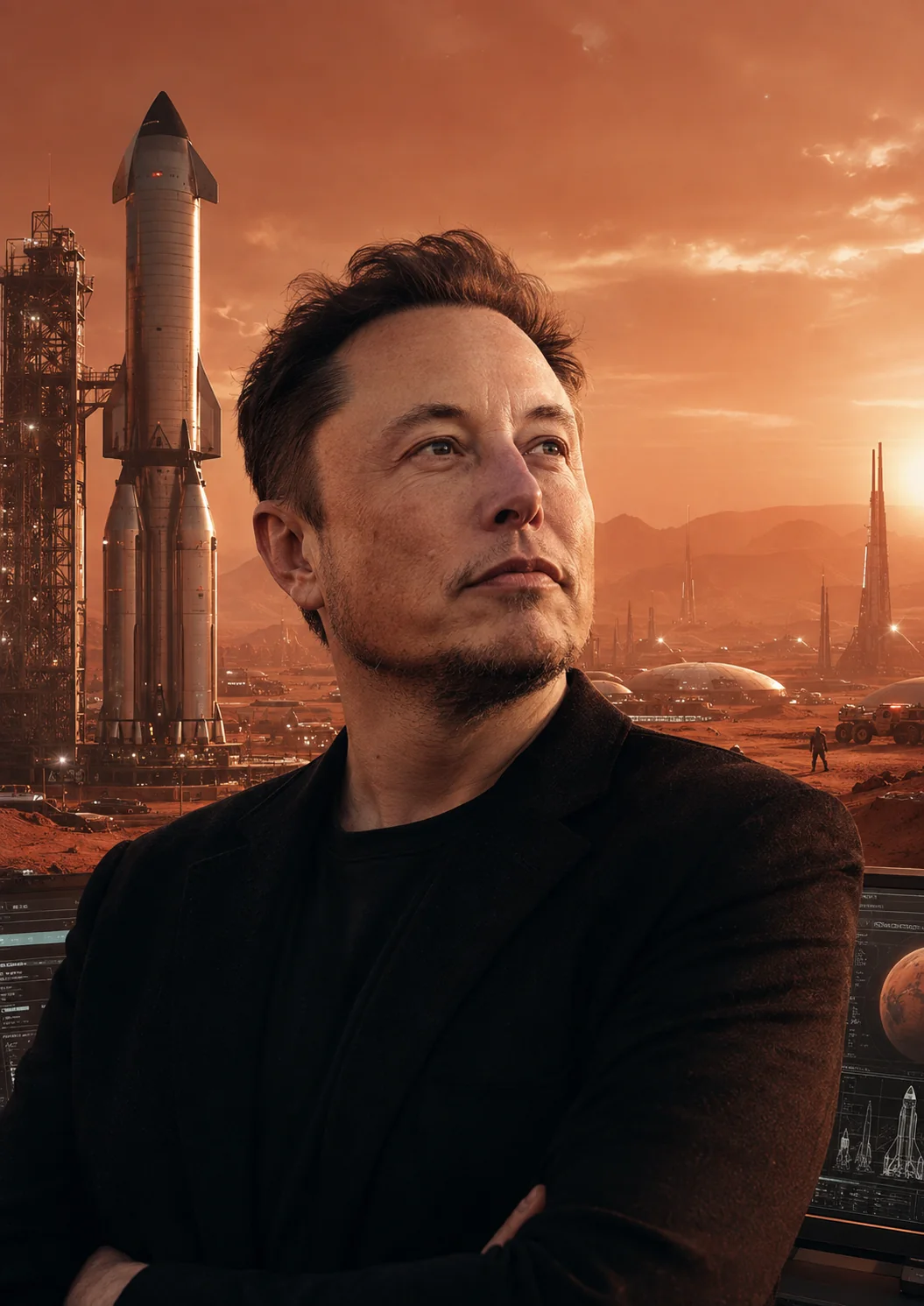 Illustration éditoriale d’Elon Musk devant un véhicule de type Starship et une implantation martienne conceptuelle