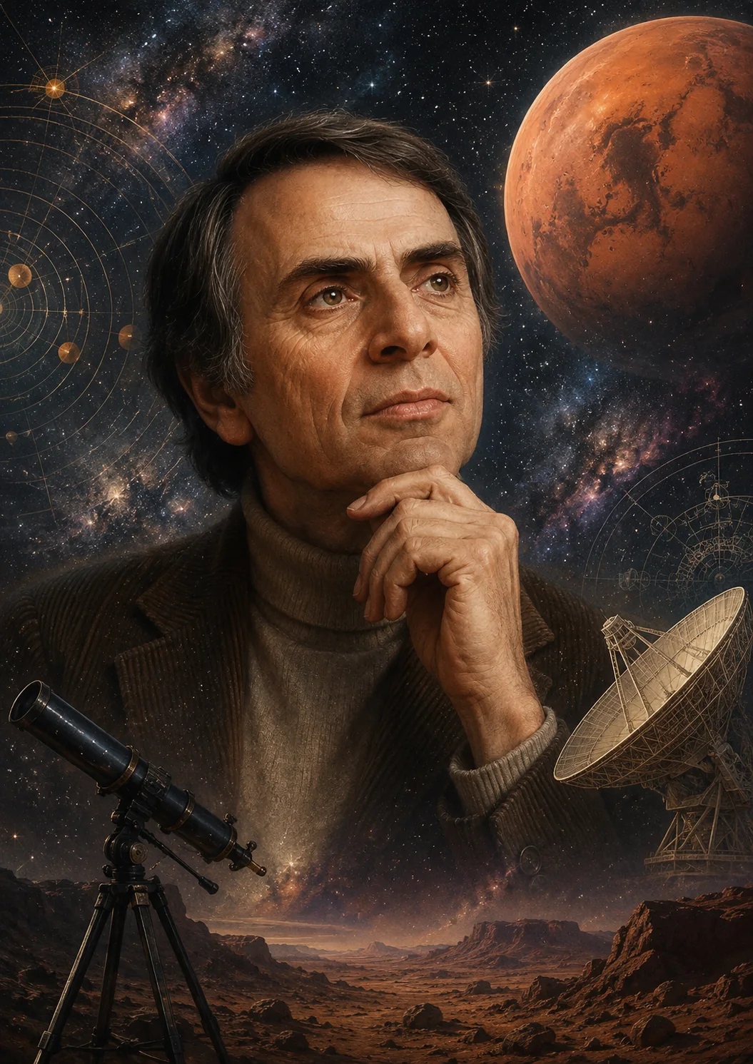 Reconstitution éditoriale inspirée de Carl Sagan devant Mars, un télescope et une antenne de communication spatiale