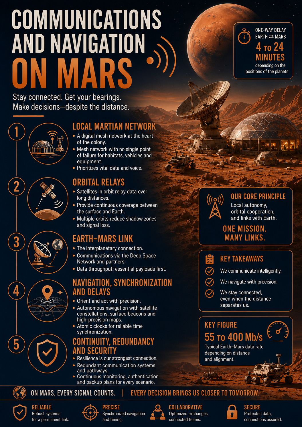 Communications and navigation: local network, orbital relays, Earth link and autonomy.