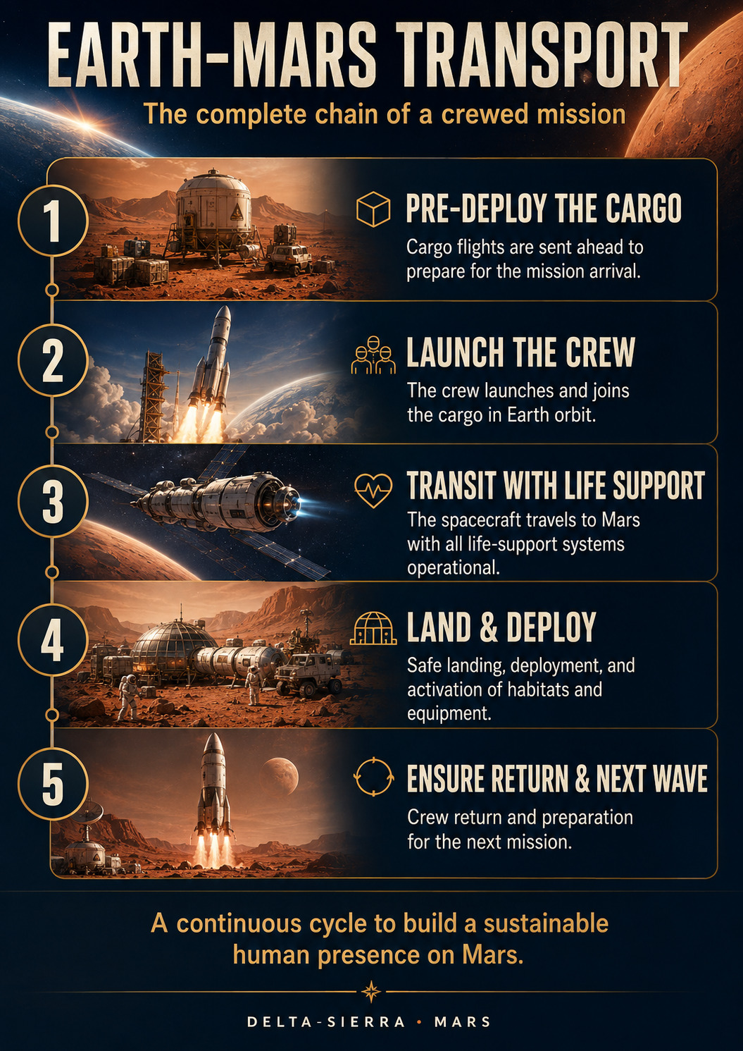 Premium Earth–Mars logistics poster, from pre-deployed cargo to return and the next wave.
