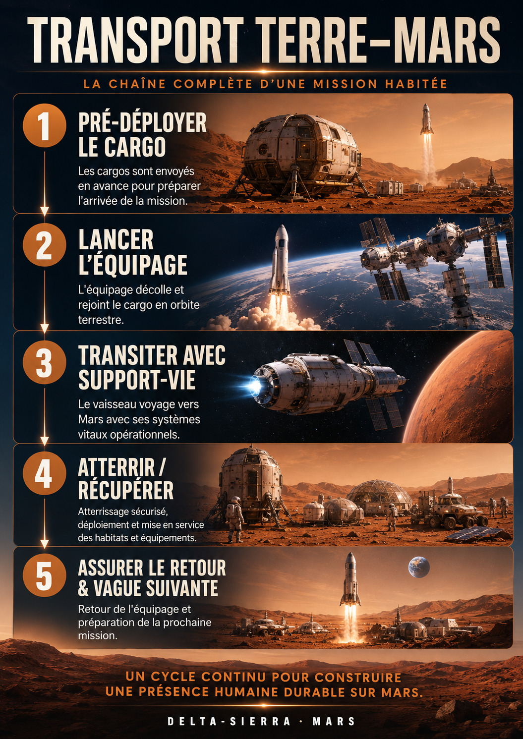Affiche premium de la chaîne logistique Terre–Mars, du fret pré-déployé au retour et à la vague suivante.