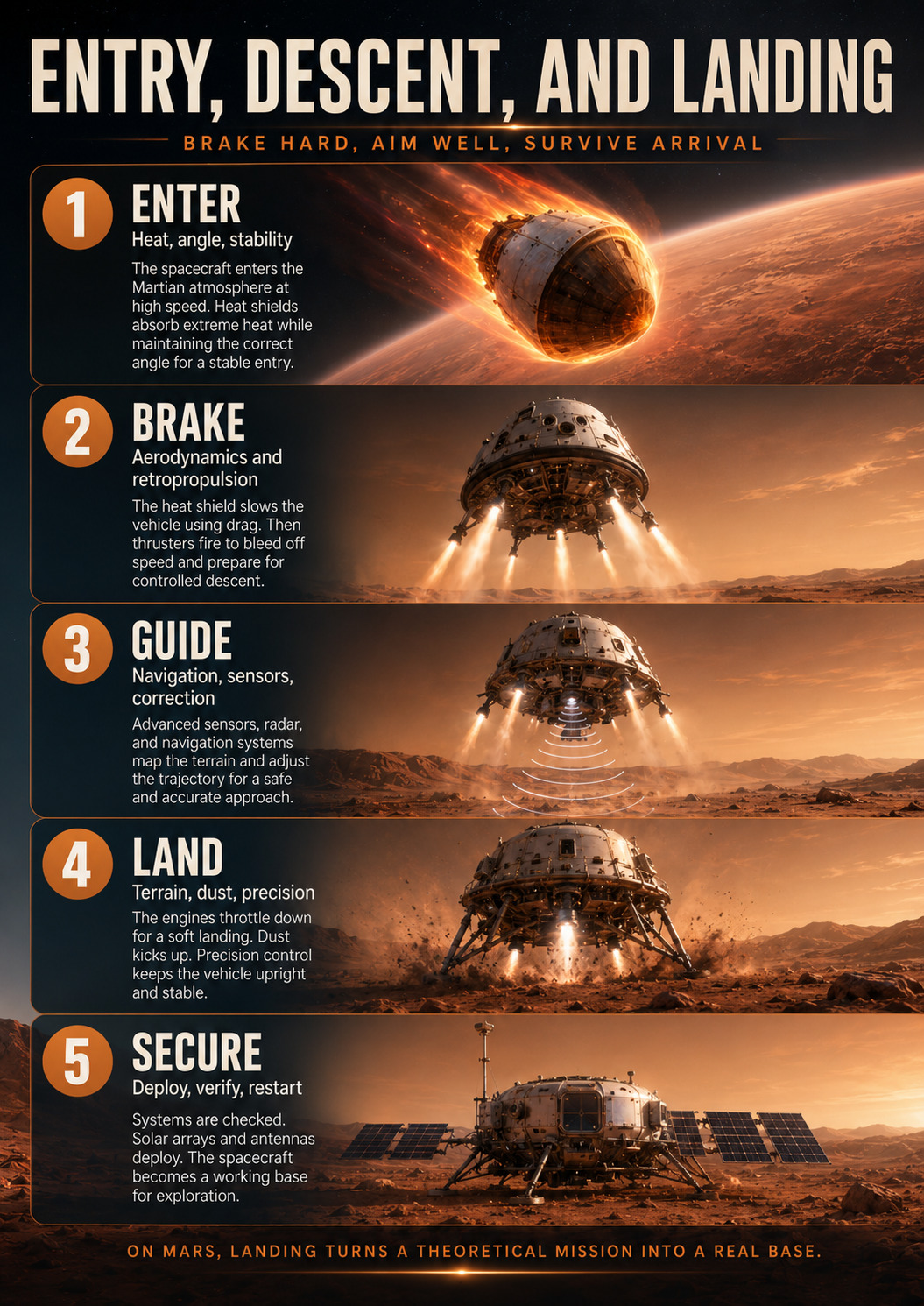 Entry, descent and landing on Mars in five stages.