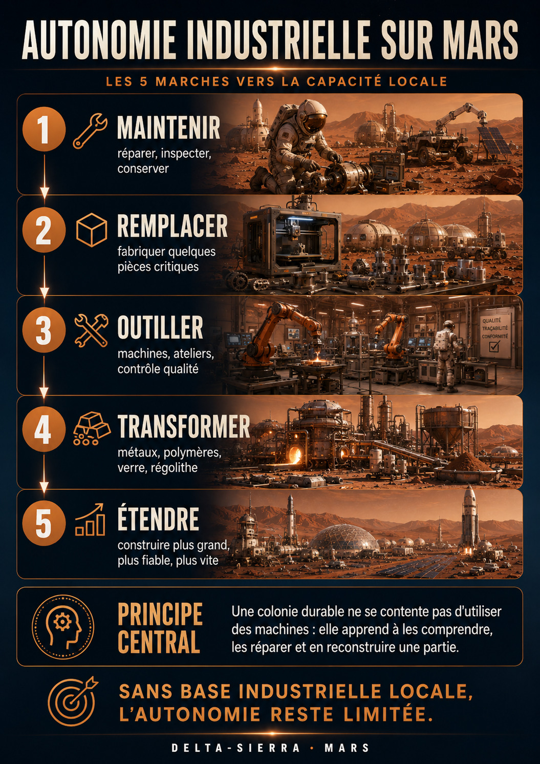 Échelle de l’autonomie industrielle : stocker, réparer, fabriquer, qualifier et transmettre.