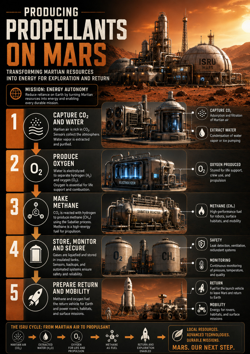 Producing propellants on Mars from local resources.