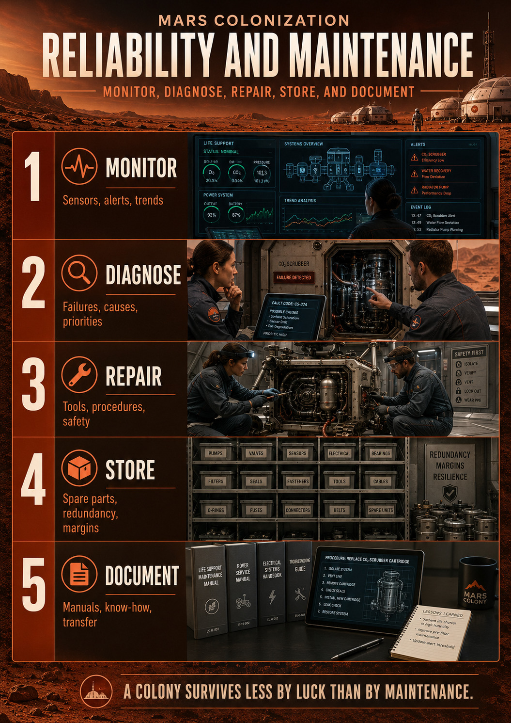 Reliability and maintenance: monitor, diagnose, repair, store and document.