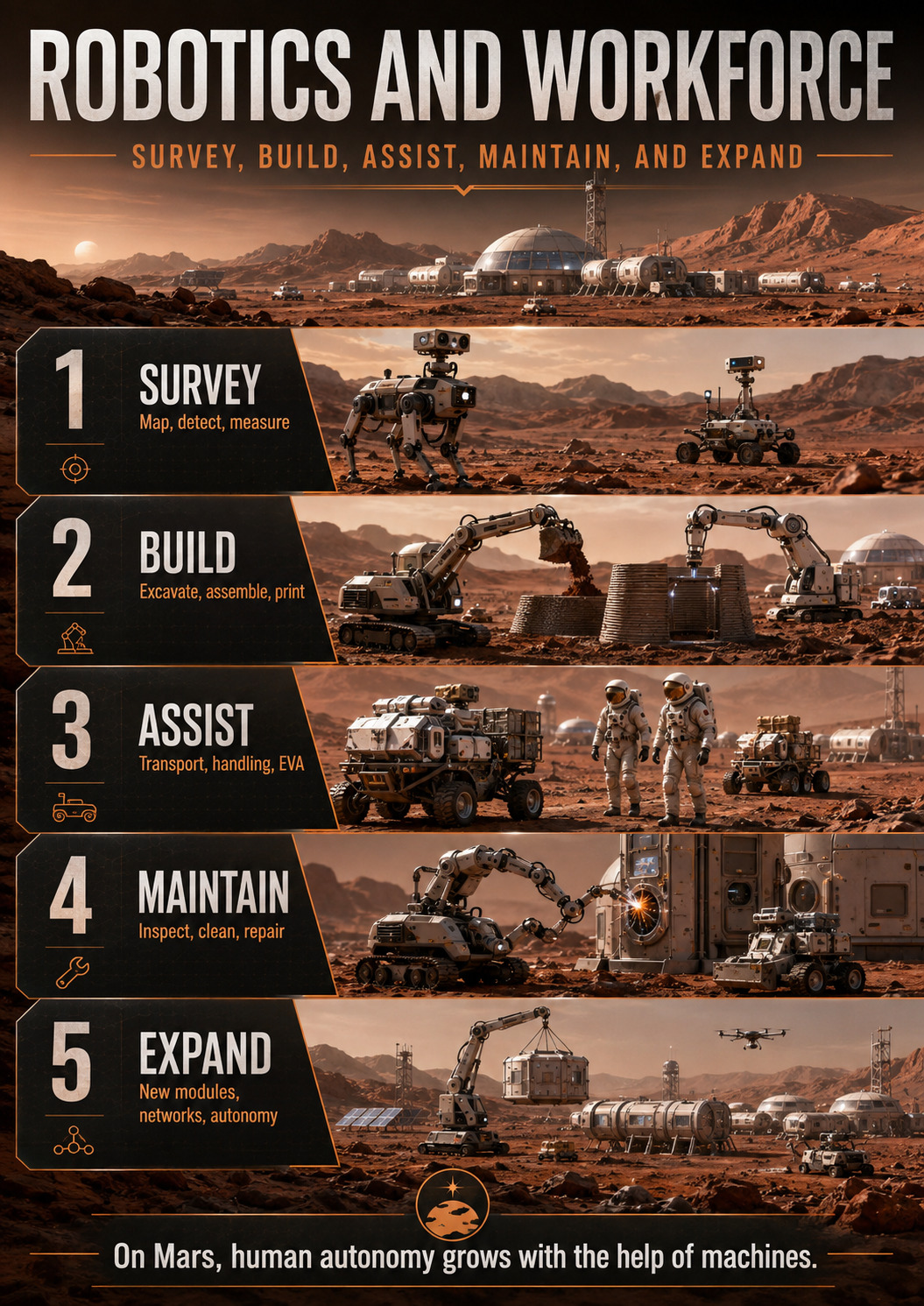 Robotics and workforce: survey, build, assist, maintain and expand.