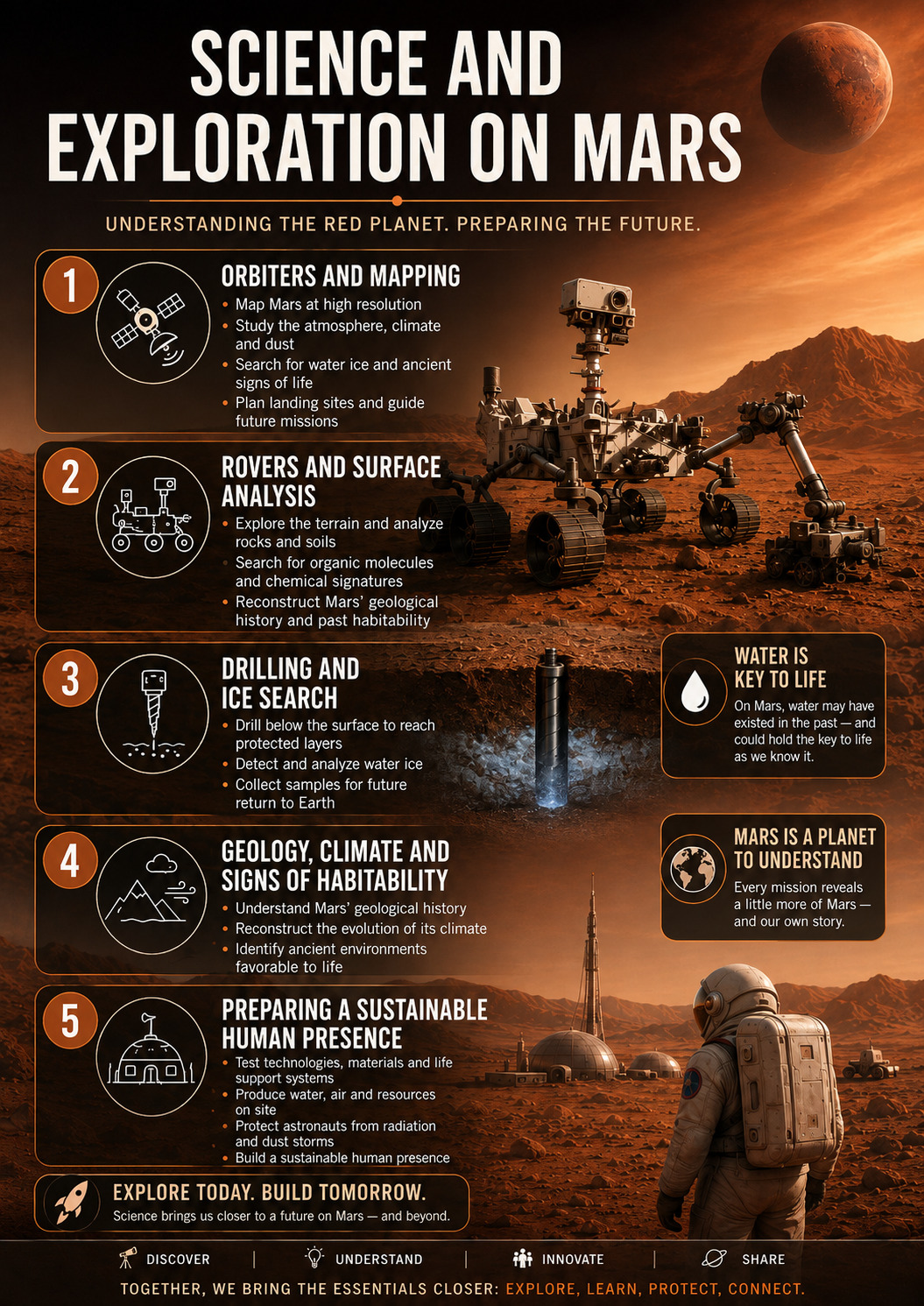 Science and exploration on Mars: understand the Red Planet and prepare the future.