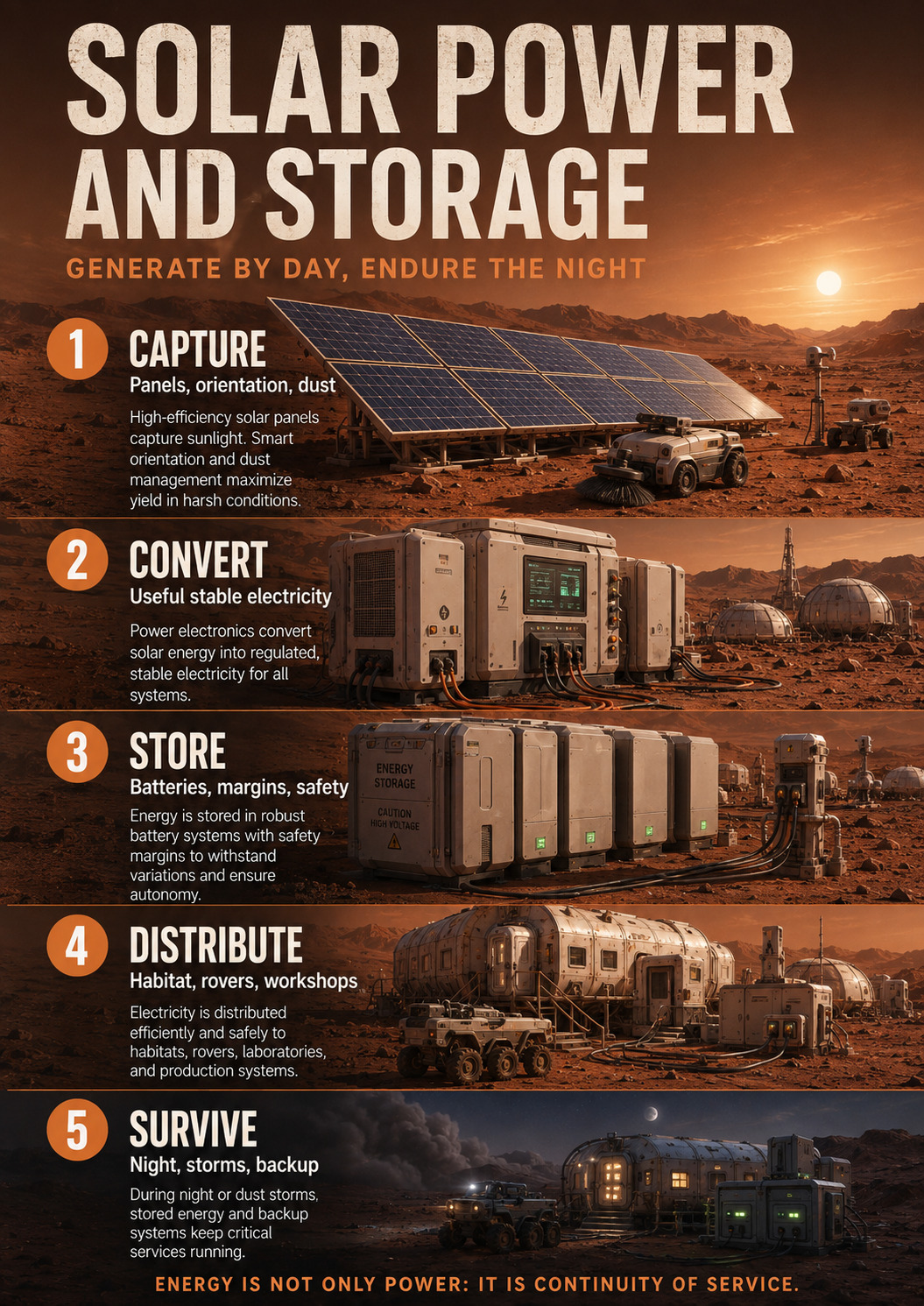 Solar power and storage for a durable Martian settlement.