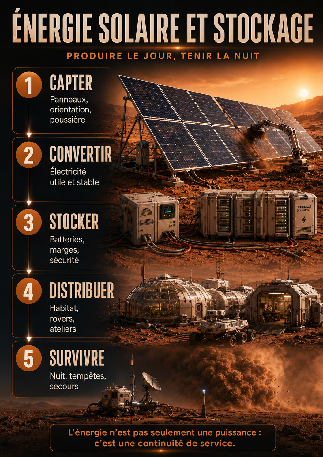 Énergie solaire et stockage pour alimenter durablement une implantation martienne.