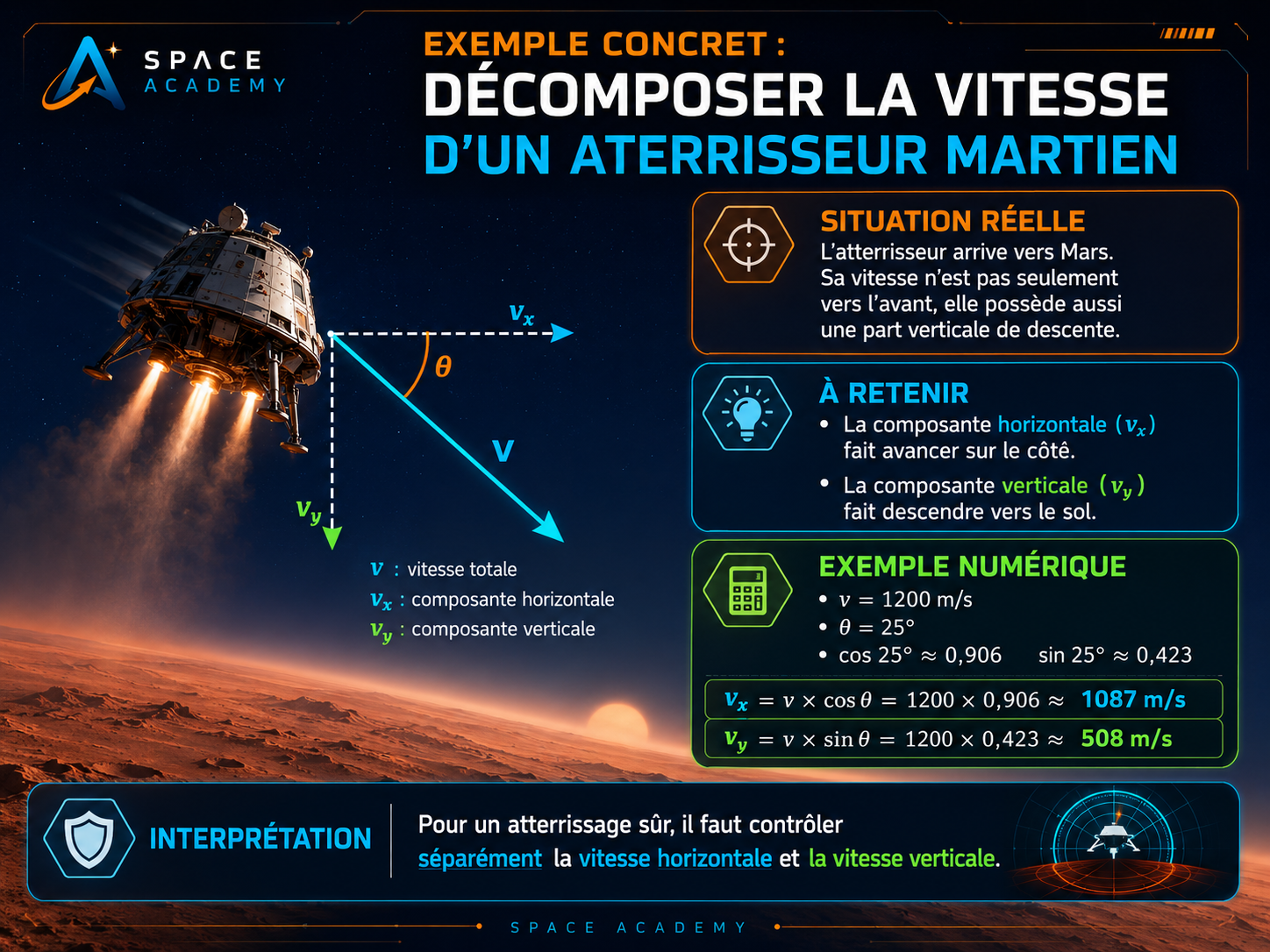 Atterrisseur martien : distinguer vitesse horizontale et vitesse verticale pour comprendre une trajectoire.