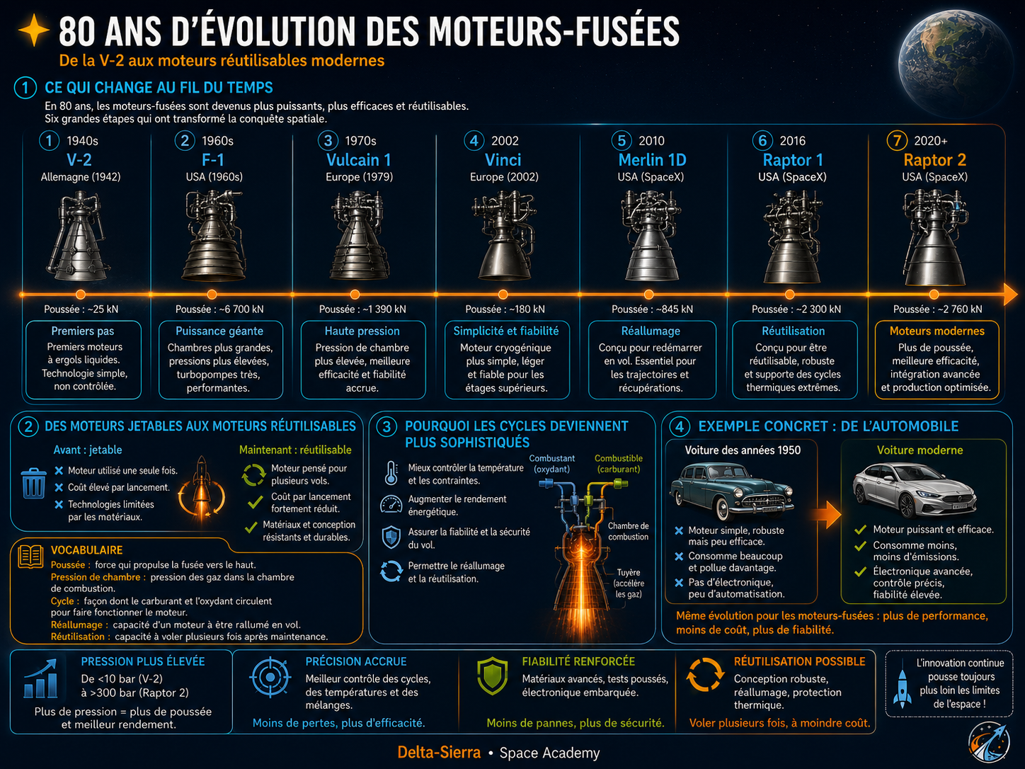 Du V-2 aux moteurs modernes : évolution des matériaux, des cycles, de la pression et du contrôle.