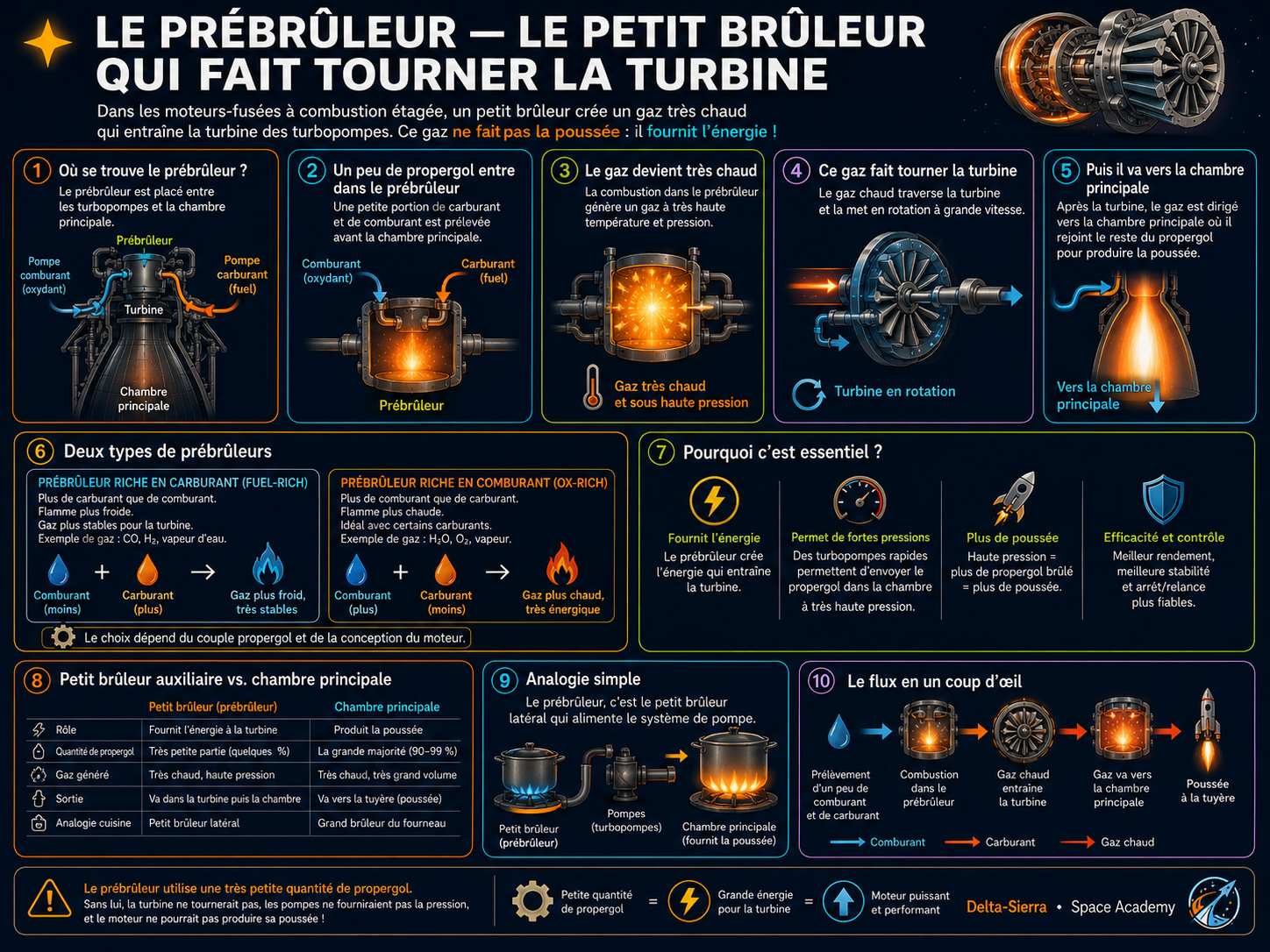 Prébrûleur : produire du gaz de travail pour entraîner la turbomachine sans confondre cette étape avec la chambre principale.