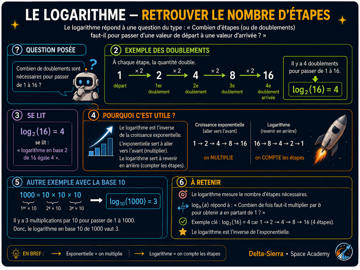 Logarithme : retrouver l’exposant et comprendre l’opération inverse de l’exponentielle.