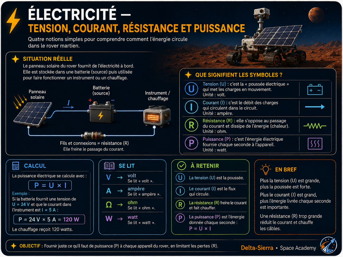 Électricité d’un rover : relier tension, courant, résistance et puissance à une situation spatiale réelle.