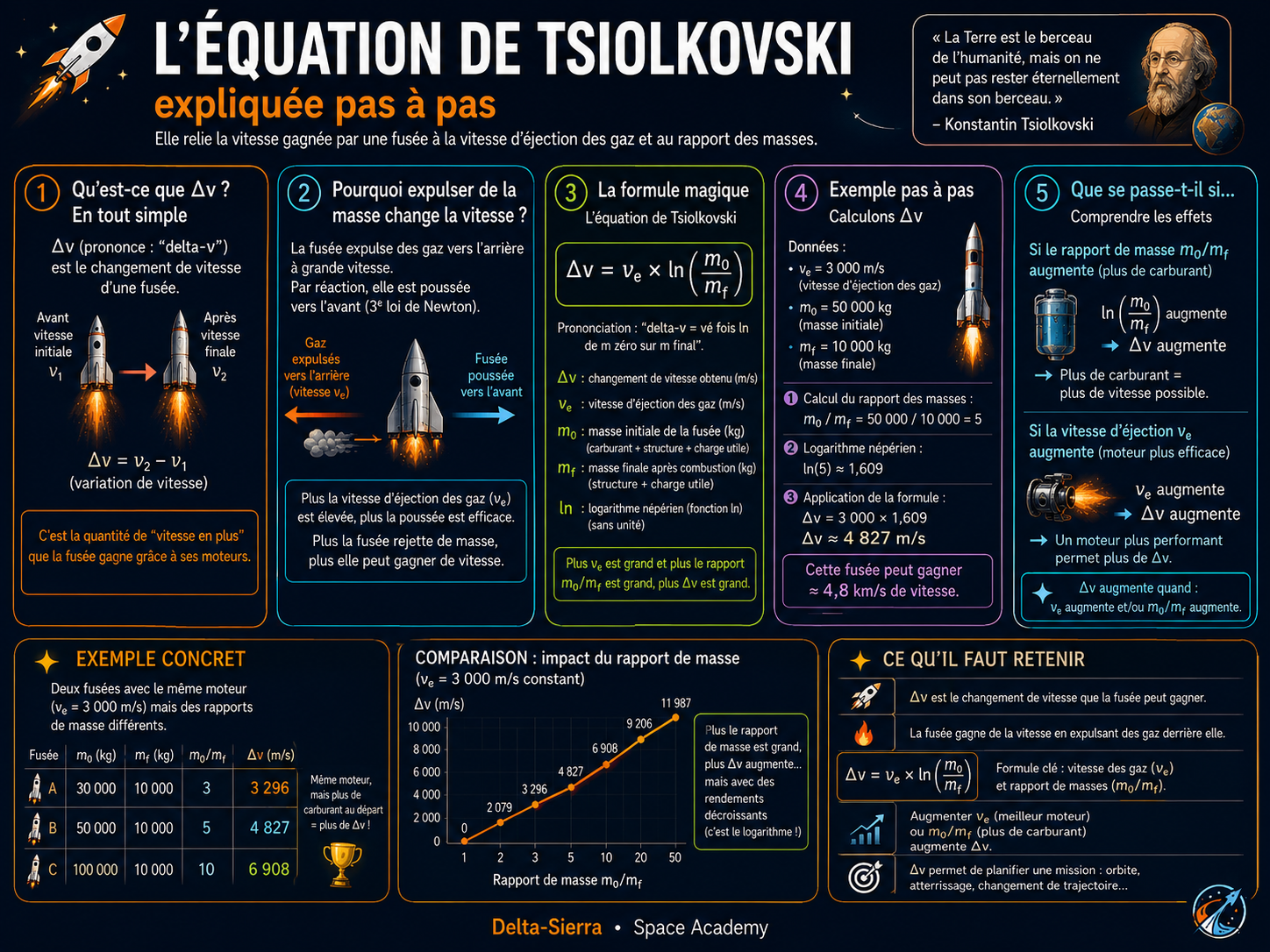 Équation de Tsiolkovski : visualiser pourquoi le rapport de masses et la vitesse d’éjection gouvernent le delta-v.