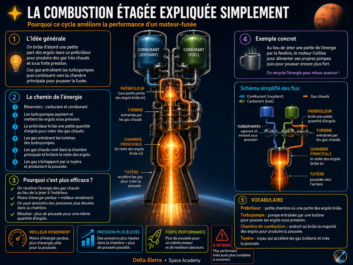 Combustion étagée : un prébrûleur alimente les turbomachines avant que les gaz rejoignent la chambre principale.