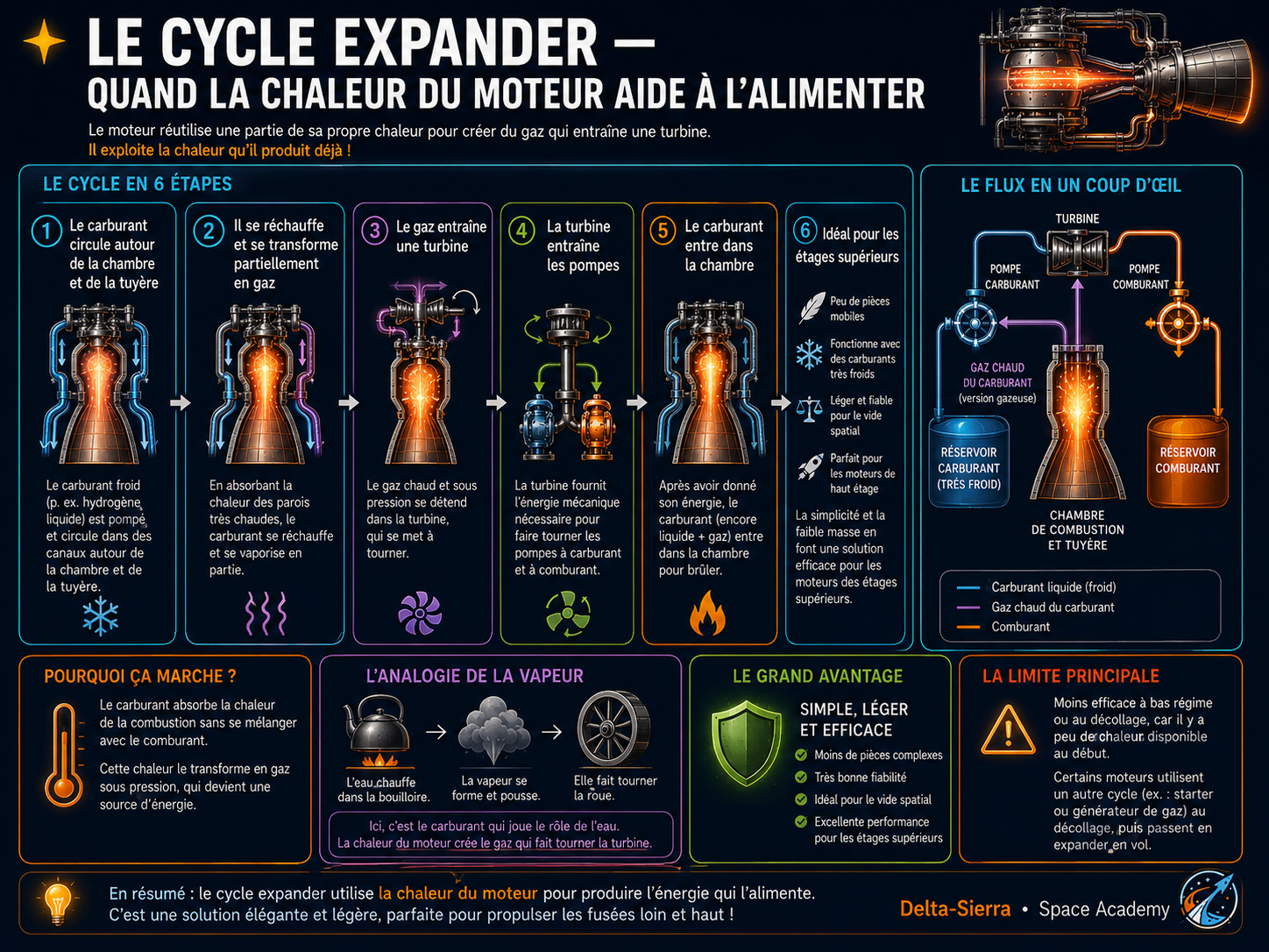Cycle expander : récupérer la chaleur des parois pour vaporiser un ergol et entraîner une turbine.