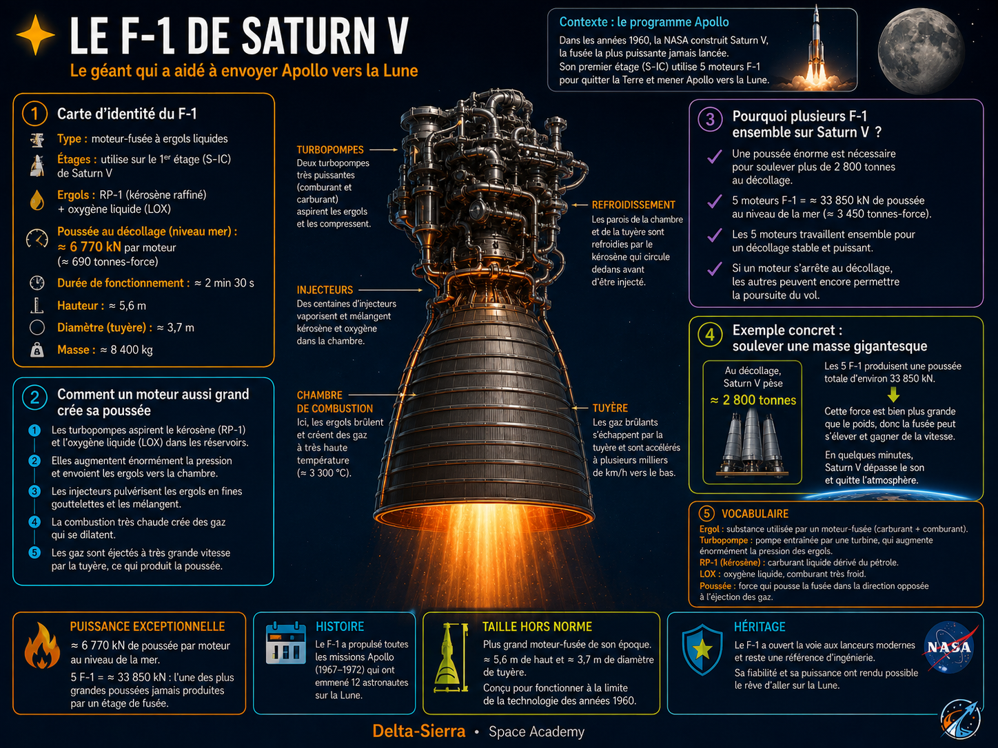 F-1 de Saturn V : architecture générale et rôle de ce moteur géant au décollage.