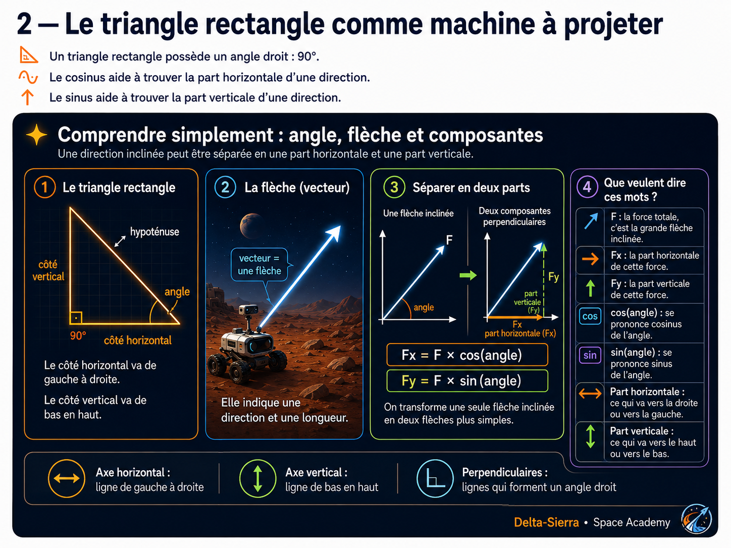 Le triangle rectangle comme outil de projection : horizontal, vertical, hypoténuse et angle.