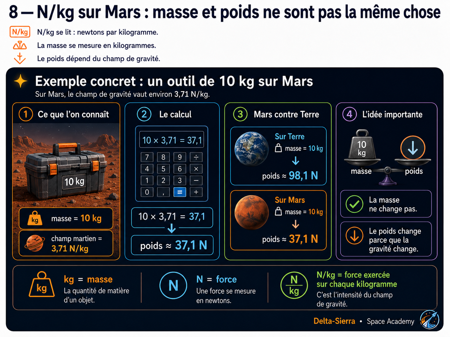 Masse et poids : la masse reste la même, tandis que le poids dépend du champ gravitationnel.
