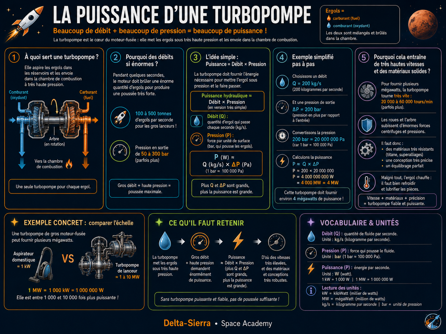 Puissance d’une turbopompe : relier débit, élévation de pression, rendement et puissance mécanique.