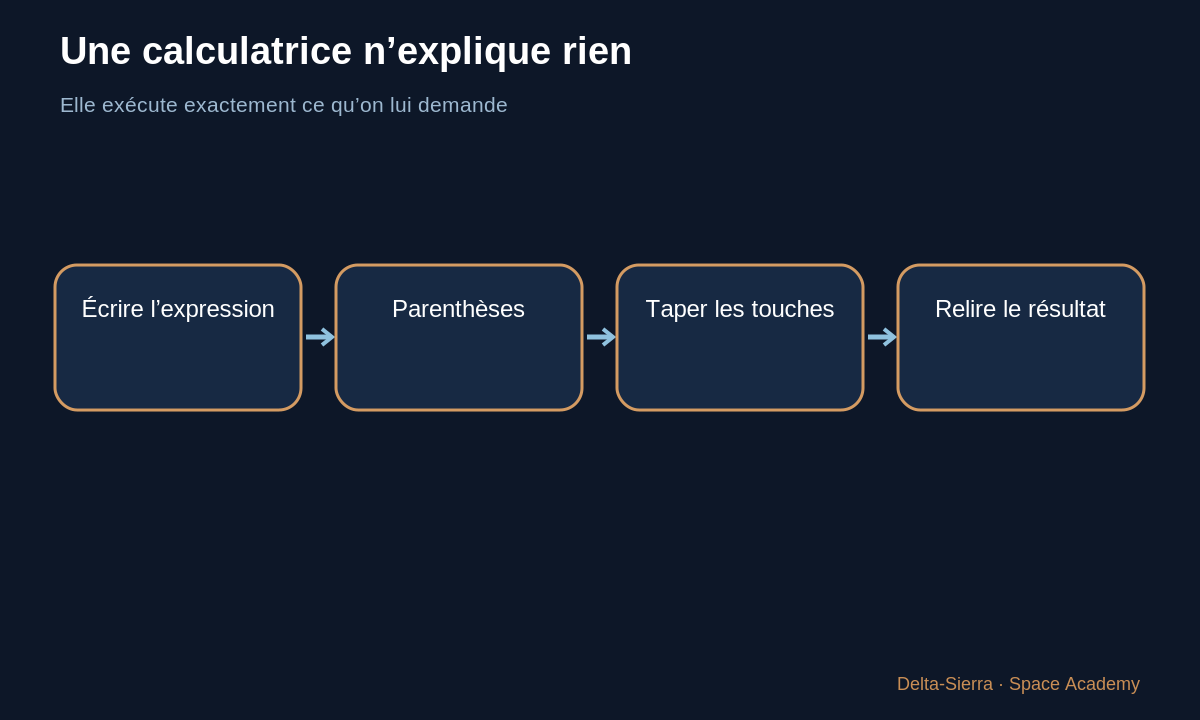 Schéma pédagogique : Une calculatrice n’explique rien — Lire une formule sans paniquer