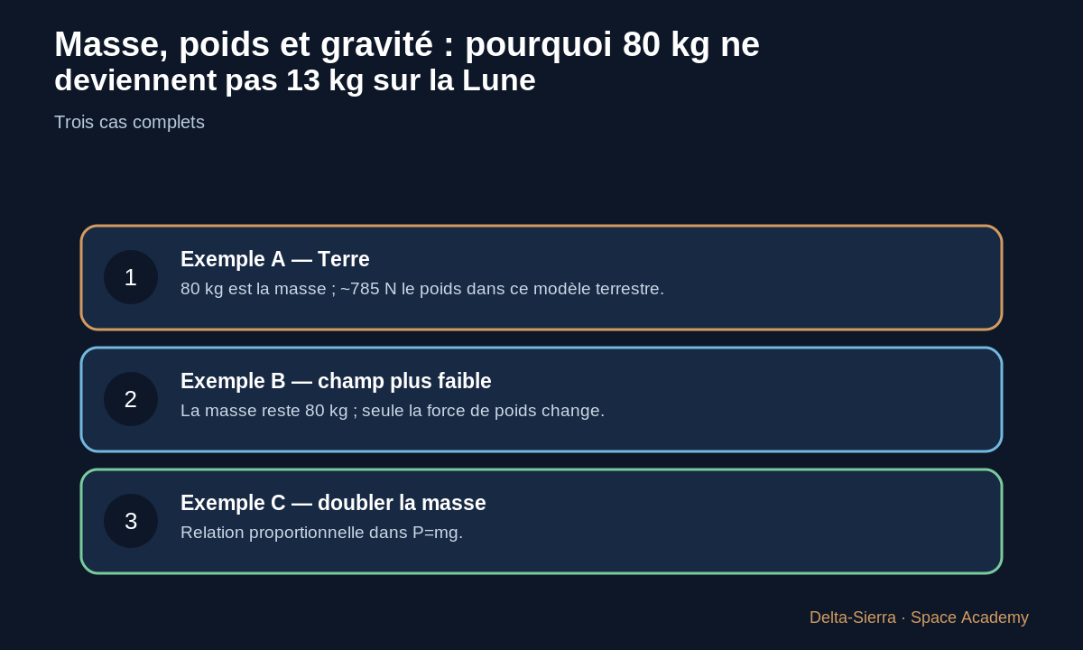 Outil, astronaute et cargaison : la masse ne change pas, le poids dépend de g.