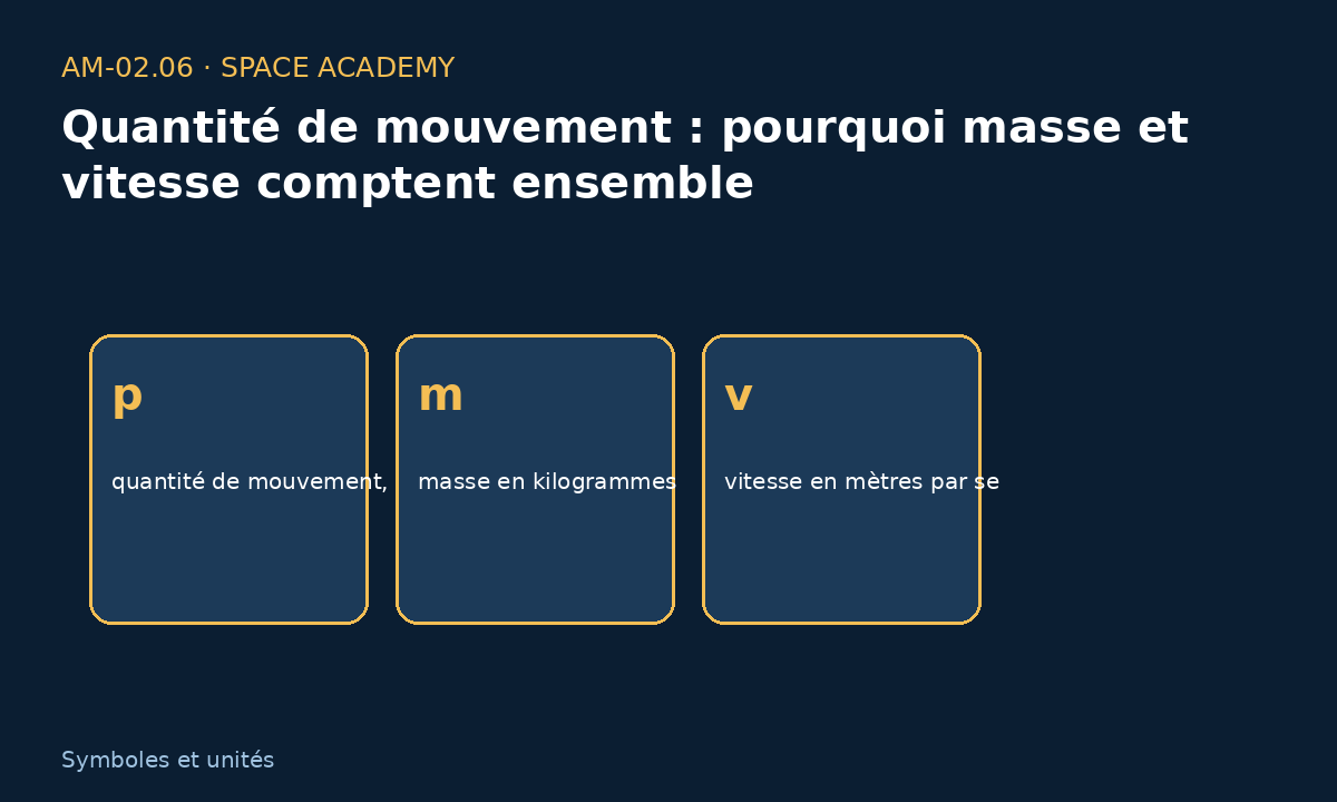 Schéma pédagogique 2 : 2 — Comment lire les symboles et les unités — Quantité de mouvement : pourquoi masse et vitesse comptent ensemble