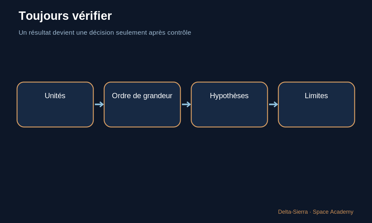 Schéma pédagogique : Toujours vérifier — Calculer la poussée d’une fusée — et comprendre d’où vient la formule