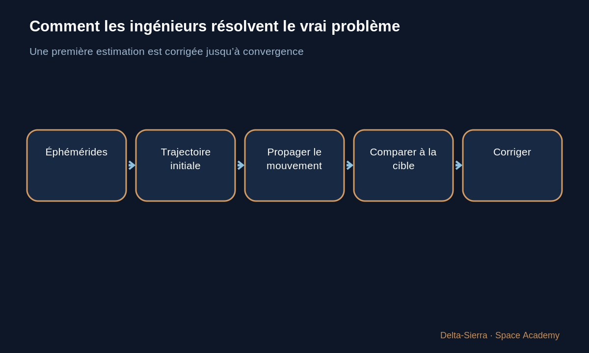 Schéma pédagogique : Comment les ingénieurs résolvent le vrai problème — La Lune bouge : où faut-il viser ? Du premier dessin au calcul de trajectoire